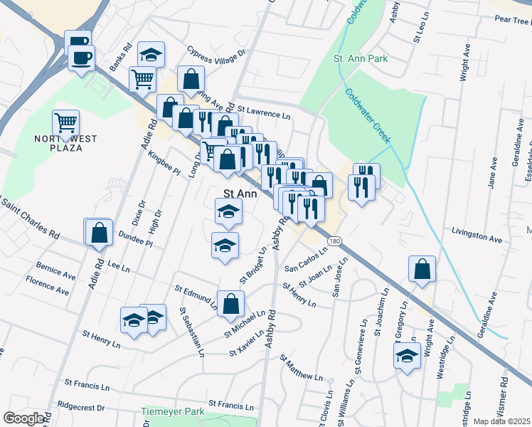 map of restaurants, bars, coffee shops, grocery stores, and more near 10500 Saint Charles Rock Road in Saint Ann