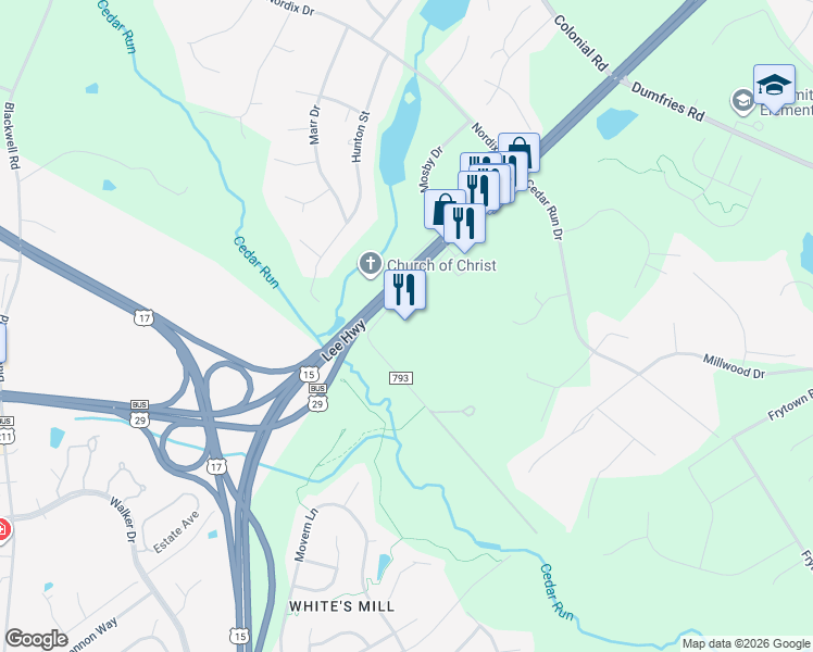 map of restaurants, bars, coffee shops, grocery stores, and more near 7373 Comfort Inn Drive in Warrenton