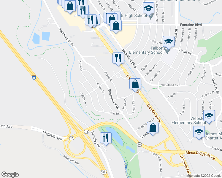 map of restaurants, bars, coffee shops, grocery stores, and more near 1565 Southmoor Drive in Fountain