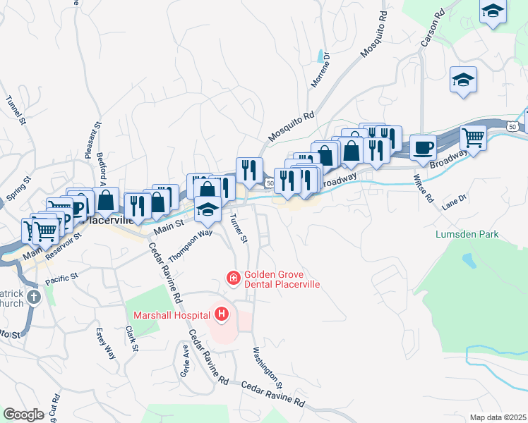 map of restaurants, bars, coffee shops, grocery stores, and more near 3081 Hazzard Street in Placerville