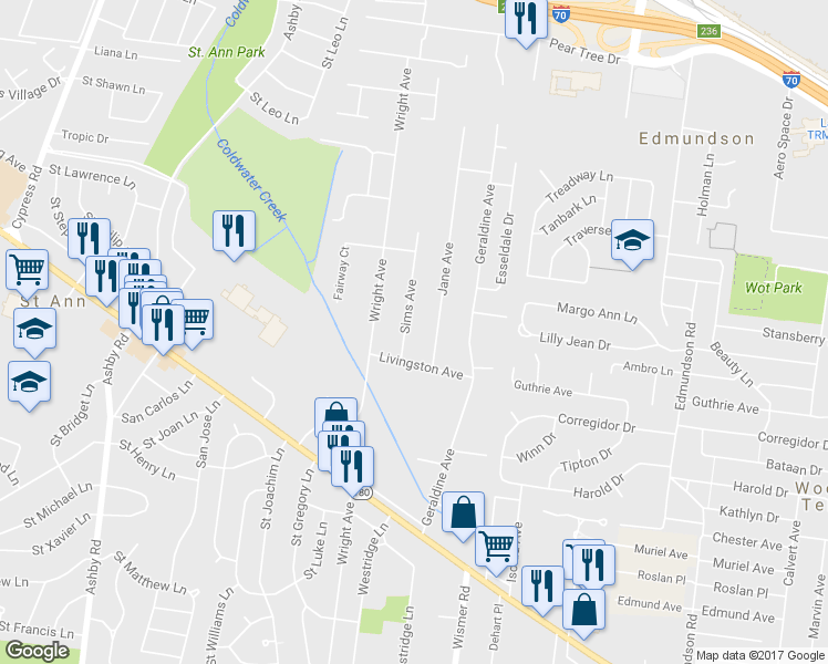 map of restaurants, bars, coffee shops, grocery stores, and more near 3916 Sims Avenue in Saint Ann