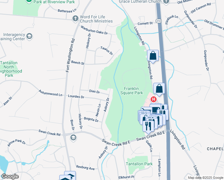 map of restaurants, bars, coffee shops, grocery stores, and more near 11908 Asbury Drive in Fort Washington