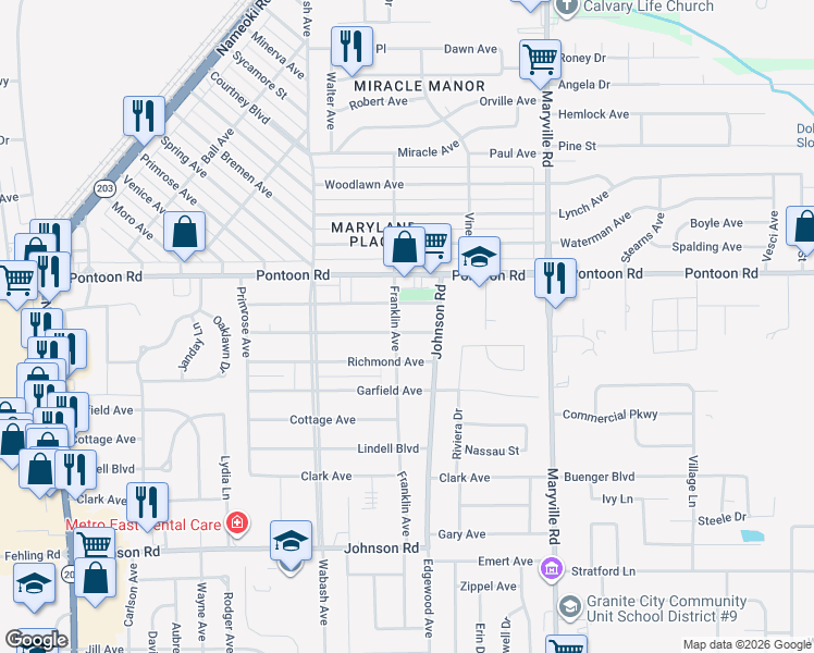 map of restaurants, bars, coffee shops, grocery stores, and more near 3902 Franklin Avenue in Granite City