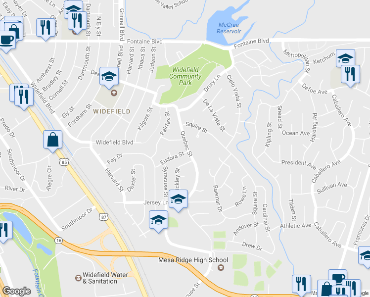 map of restaurants, bars, coffee shops, grocery stores, and more near 444 Eudora Street in Colorado Springs