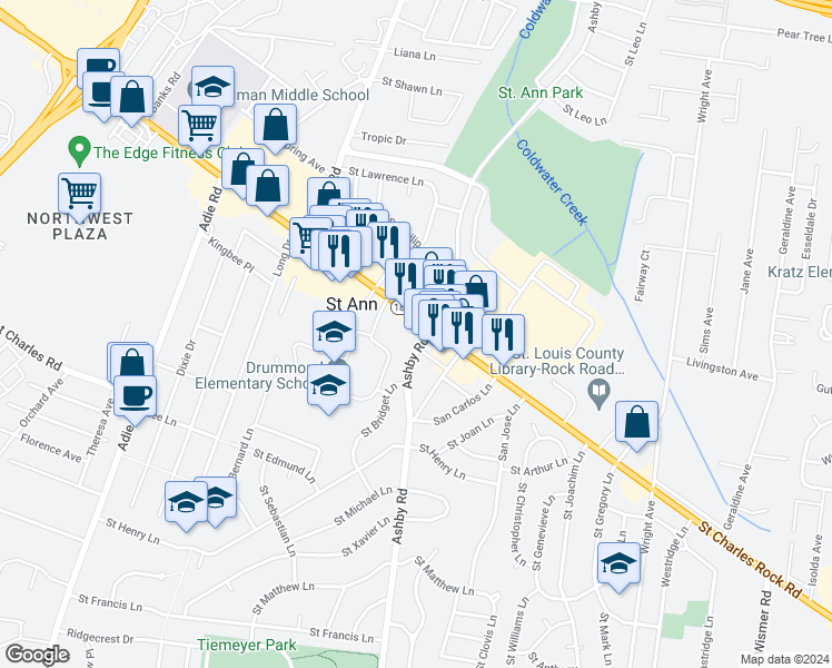 map of restaurants, bars, coffee shops, grocery stores, and more near 10500 Saint Charles Rock Road in Saint Ann