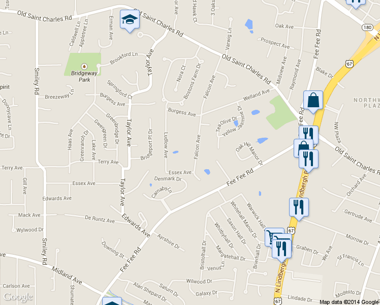 map of restaurants, bars, coffee shops, grocery stores, and more near 3435 Falcon Ave in Bridgeton