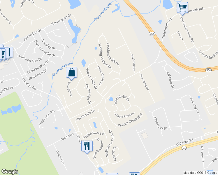 map of restaurants, bars, coffee shops, grocery stores, and more near 310 Copper Crest Court in Saint Charles