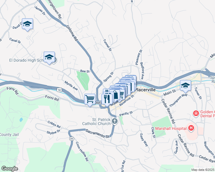 map of restaurants, bars, coffee shops, grocery stores, and more near 2926 Conrad Street in Placerville