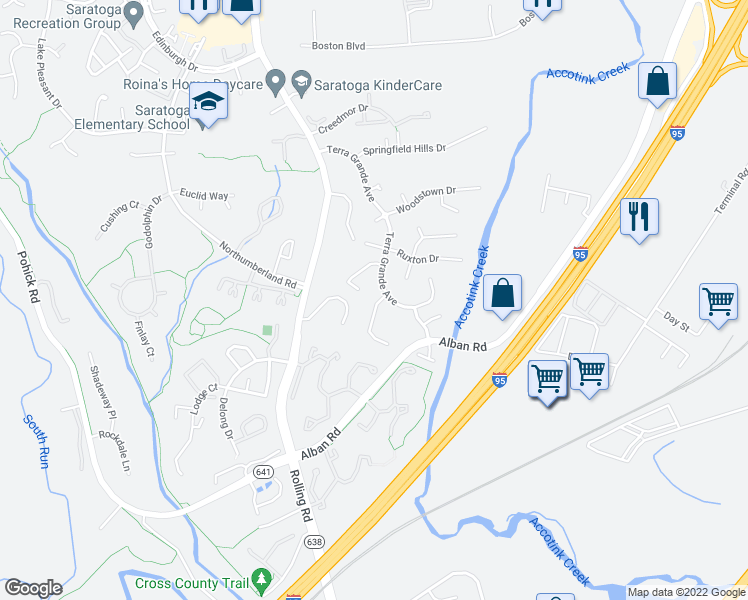 map of restaurants, bars, coffee shops, grocery stores, and more near 8402 Chillum Court in Springfield