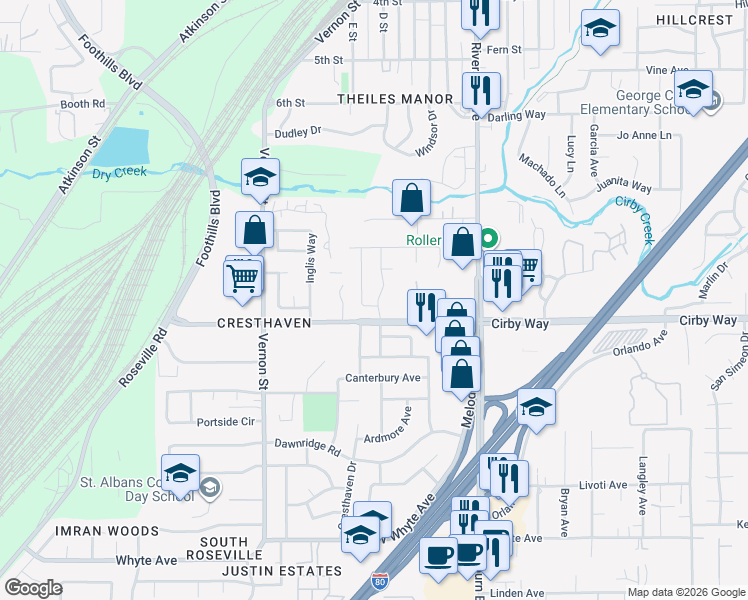map of restaurants, bars, coffee shops, grocery stores, and more near 2054 Ajay Drive in Roseville