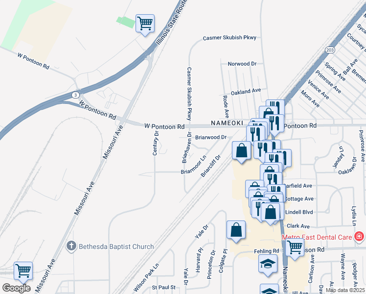 map of restaurants, bars, coffee shops, grocery stores, and more near 307 Briarhaven Drive in Granite City