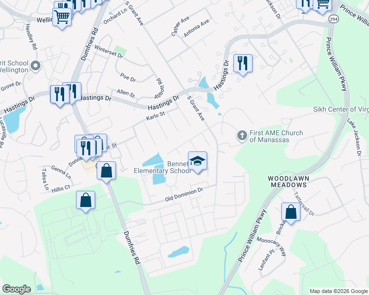 map of restaurants, bars, coffee shops, grocery stores, and more near 8765 Tomislav Street in Manassas