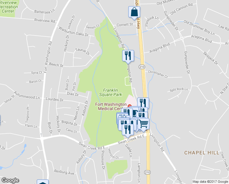map of restaurants, bars, coffee shops, grocery stores, and more near 11607 Neon Road in Fort Washington