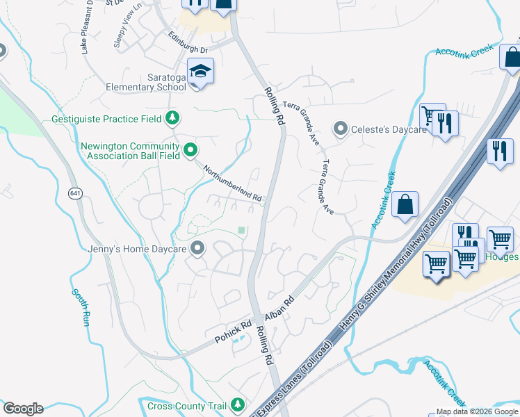 map of restaurants, bars, coffee shops, grocery stores, and more near 7701 Matisse Way in Springfield