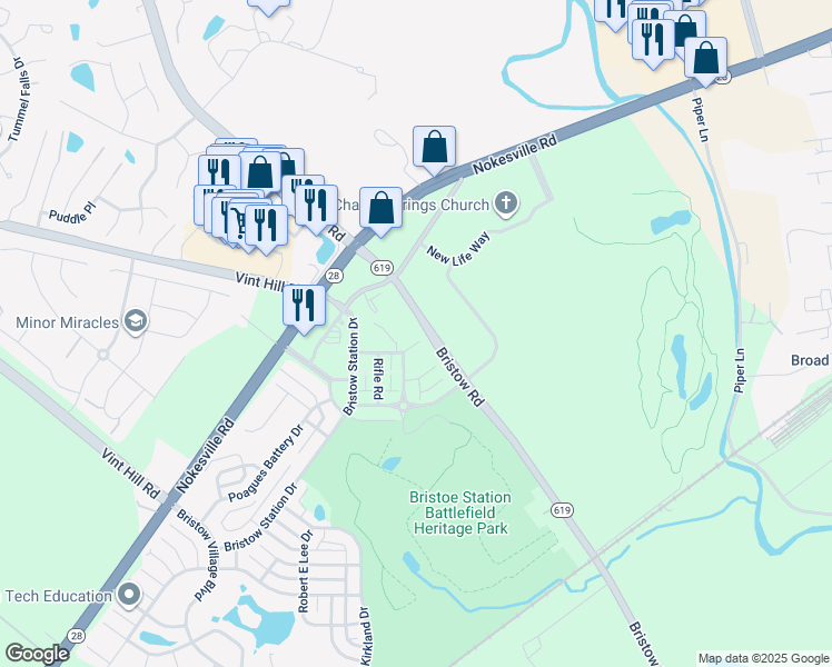 map of restaurants, bars, coffee shops, grocery stores, and more near 11680 Camp Jones Court in Bristow