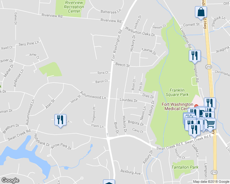 map of restaurants, bars, coffee shops, grocery stores, and more near 11905 Bion Drive in Fort Washington