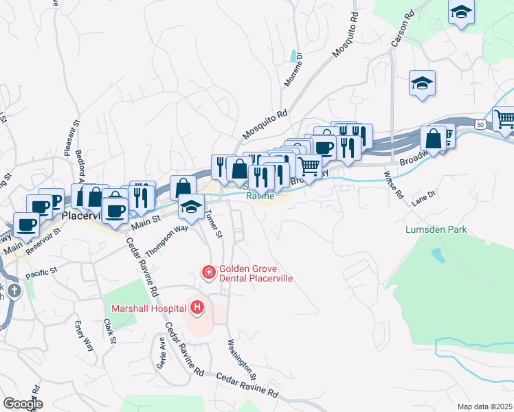 map of restaurants, bars, coffee shops, grocery stores, and more near 1220 Broadway in Placerville