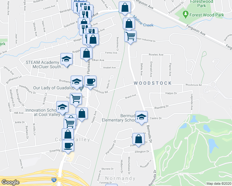 map of restaurants, bars, coffee shops, grocery stores, and more near 120 Woodstock Road in Ferguson