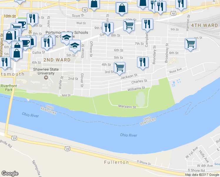 map of restaurants, bars, coffee shops, grocery stores, and more near 1072 Maryann Street in Portsmouth