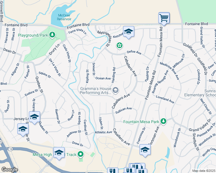 map of restaurants, bars, coffee shops, grocery stores, and more near 7020 Harding Road in Colorado Springs