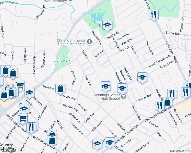 map of restaurants, bars, coffee shops, grocery stores, and more near 17 Lamar Drive in Jennings