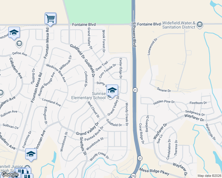 map of restaurants, bars, coffee shops, grocery stores, and more near 7585 Sunny View Lane in Colorado Springs