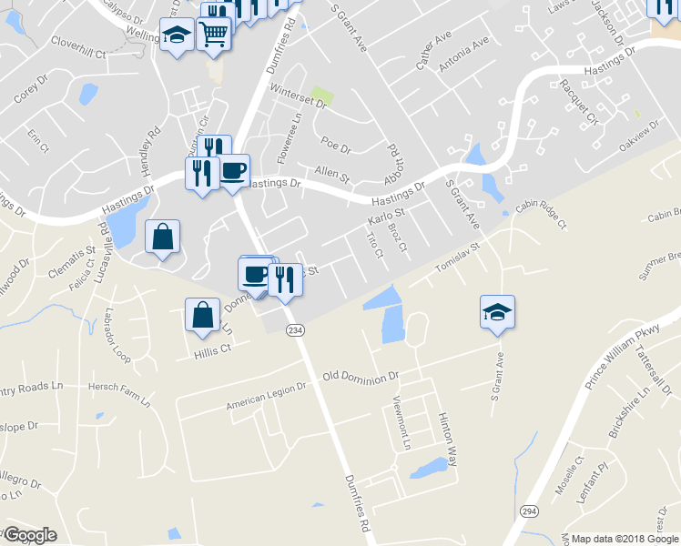 map of restaurants, bars, coffee shops, grocery stores, and more near 10309 Bernard Court in Manassas
