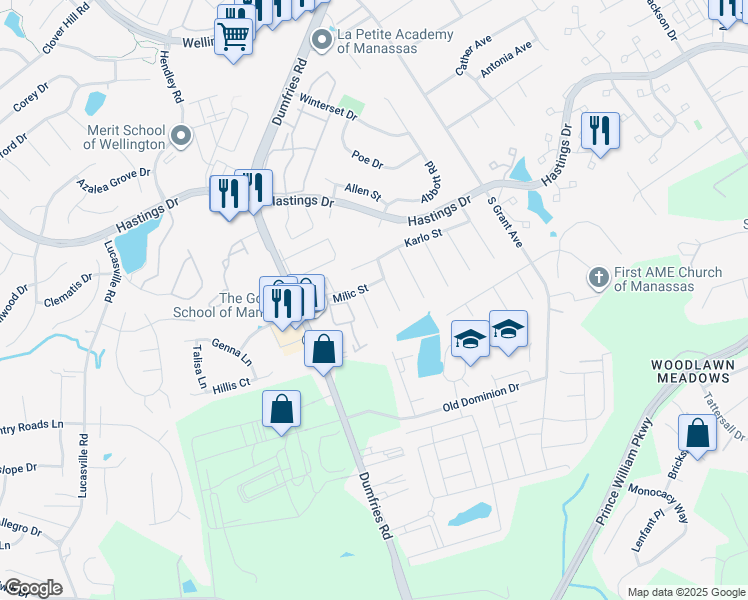 map of restaurants, bars, coffee shops, grocery stores, and more near 10309 Bernard Court in Manassas