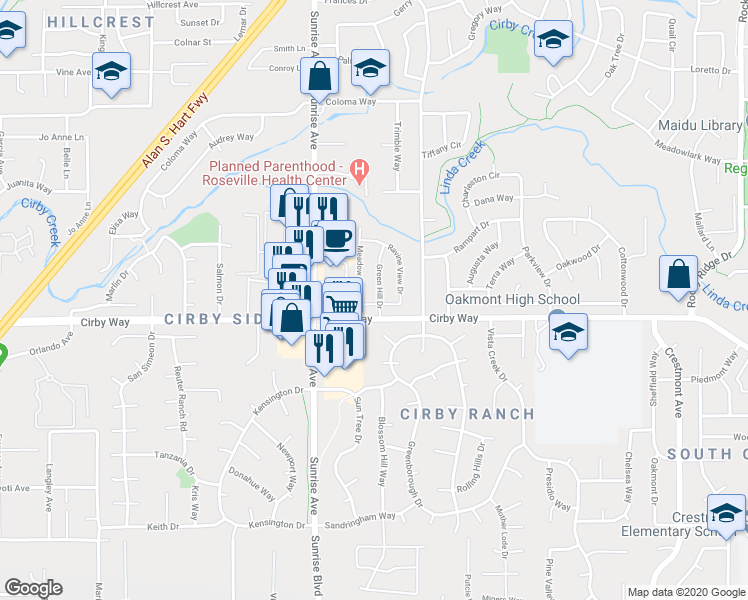 map of restaurants, bars, coffee shops, grocery stores, and more near 1199 Meadow Gate Drive in Roseville