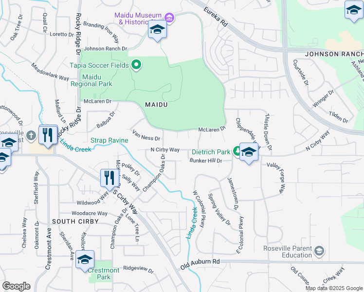 map of restaurants, bars, coffee shops, grocery stores, and more near 2209 North Cirby Way in Roseville