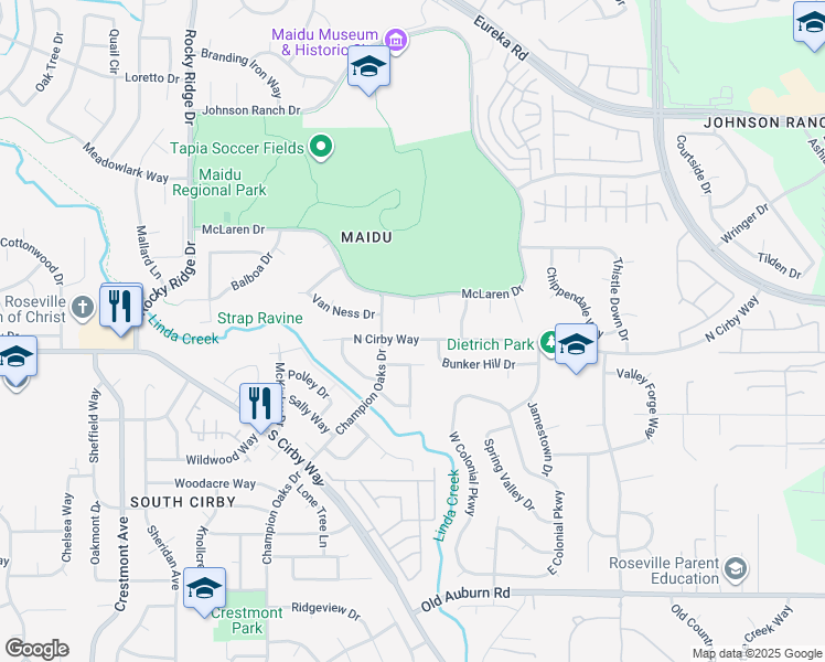 map of restaurants, bars, coffee shops, grocery stores, and more near 2209 N Cirby Way in Roseville