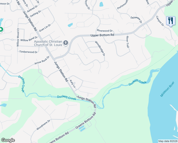 map of restaurants, bars, coffee shops, grocery stores, and more near 50 Whittington Court in Saint Charles