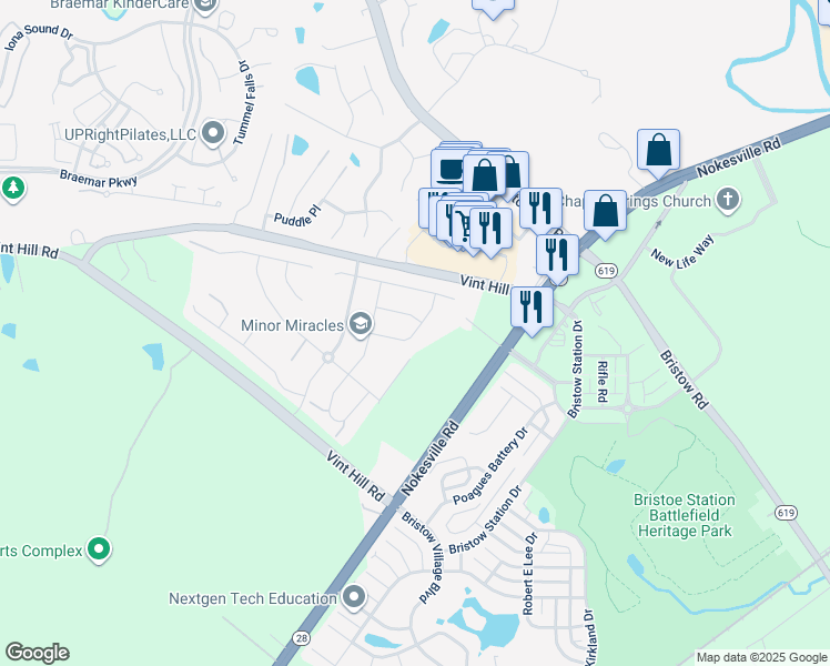 map of restaurants, bars, coffee shops, grocery stores, and more near Bittersweet Lane in Bristow