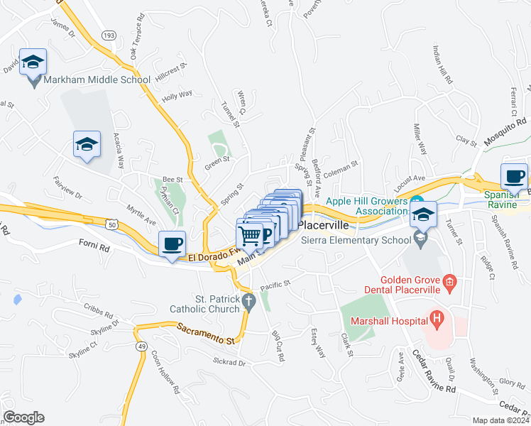 map of restaurants, bars, coffee shops, grocery stores, and more near 863 Conrad Court in Placerville