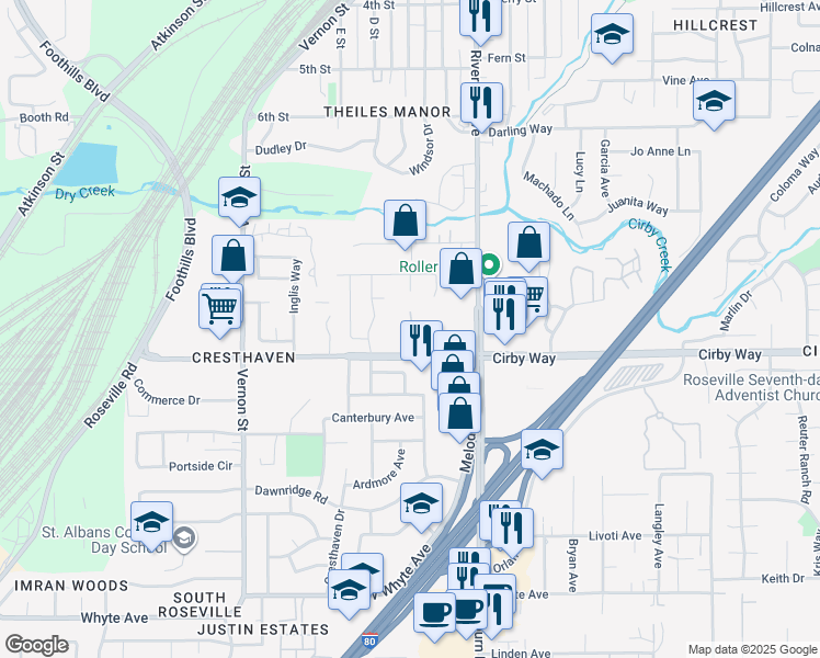 map of restaurants, bars, coffee shops, grocery stores, and more near 425 Cirby Way in Roseville