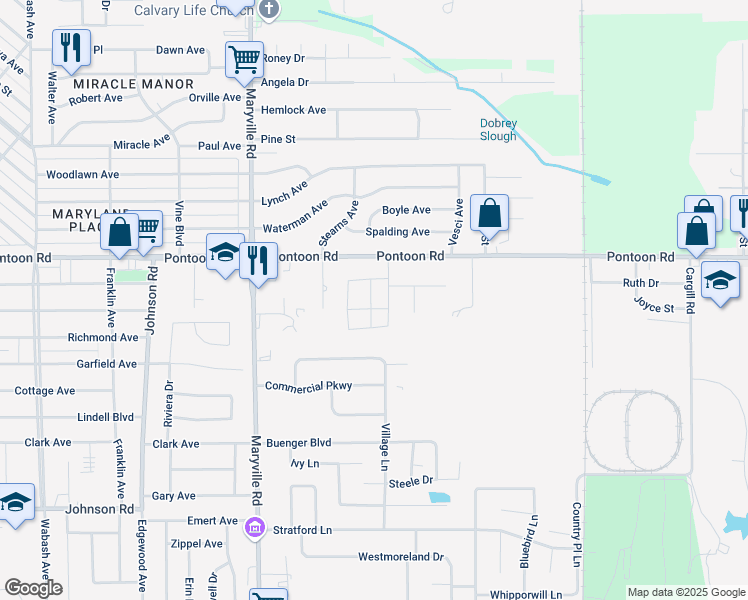 map of restaurants, bars, coffee shops, grocery stores, and more near 3801 Village Lane in Granite City