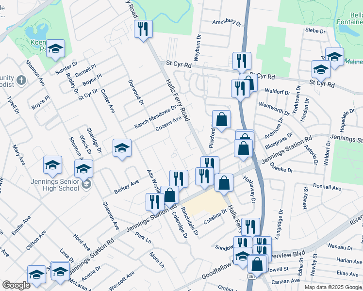 map of restaurants, bars, coffee shops, grocery stores, and more near 2300 Middle River Road in St. Louis