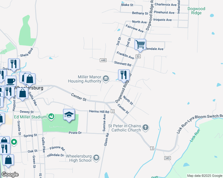 map of restaurants, bars, coffee shops, grocery stores, and more near 104 Sun Valley Court in Wheelersburg