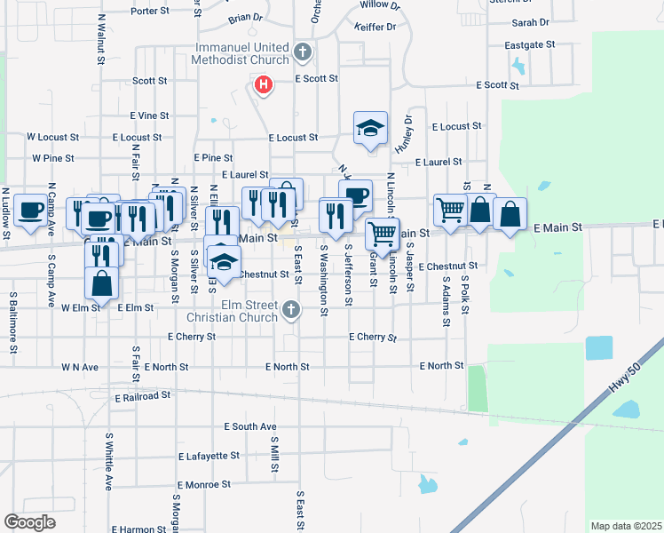 map of restaurants, bars, coffee shops, grocery stores, and more near 908 East Chestnut Street in Olney