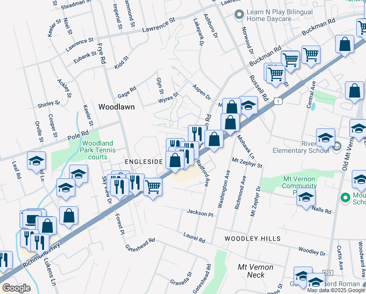 map of restaurants, bars, coffee shops, grocery stores, and more near 8420 Richmond Highway in Alexandria