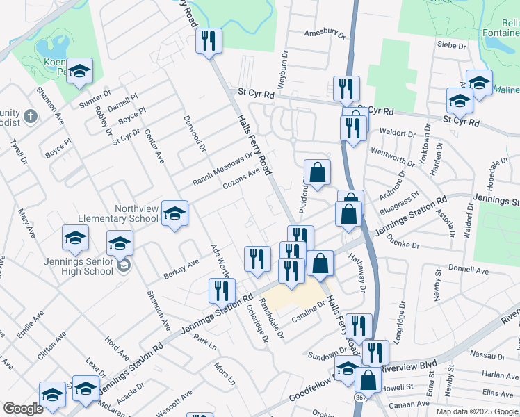 map of restaurants, bars, coffee shops, grocery stores, and more near 2300 Middle River Road in St. Louis