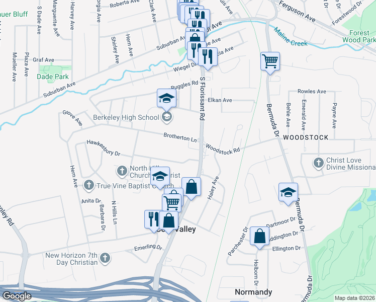 map of restaurants, bars, coffee shops, grocery stores, and more near 5 Hawkesbury Drive in St. Louis