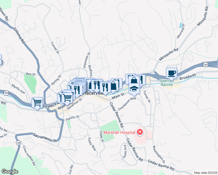 map of restaurants, bars, coffee shops, grocery stores, and more near 2985 Clay Street in Placerville
