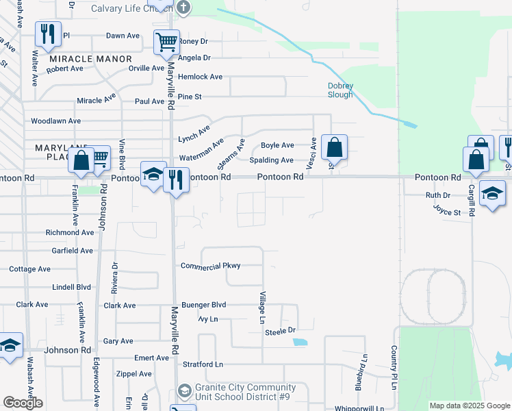 map of restaurants, bars, coffee shops, grocery stores, and more near 3801 Village Lane in Granite City