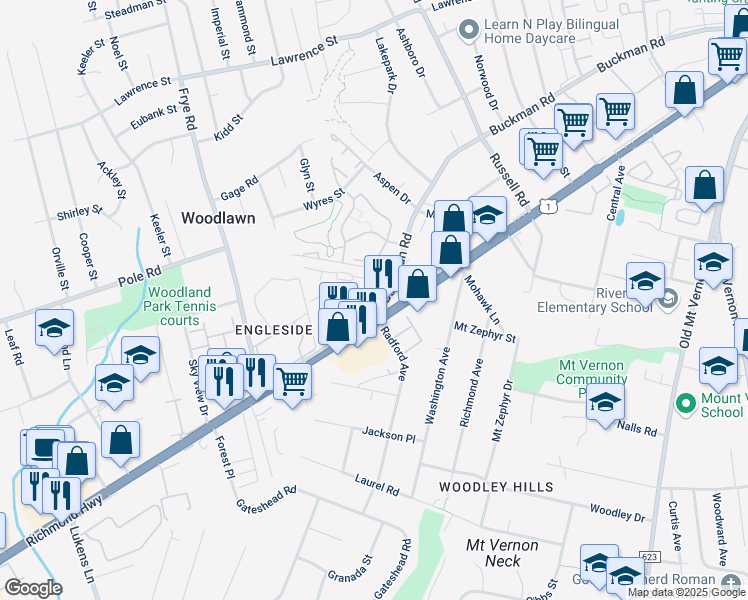 map of restaurants, bars, coffee shops, grocery stores, and more near 4254 Buckman Road in Alexandria