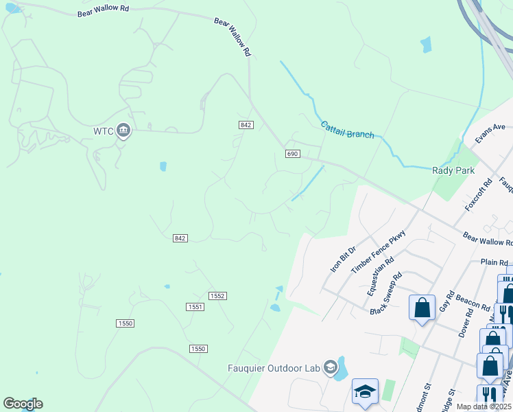 map of restaurants, bars, coffee shops, grocery stores, and more near 7402 Huntsmans Drive in Warrenton