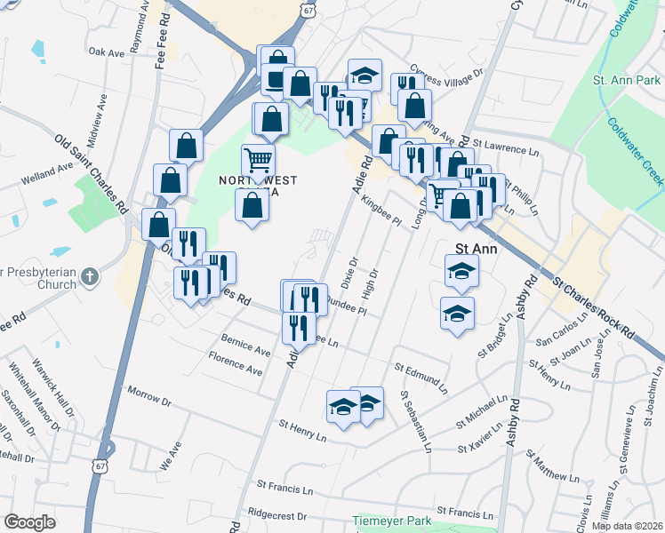 map of restaurants, bars, coffee shops, grocery stores, and more near 3662 Adie Road in Saint Ann