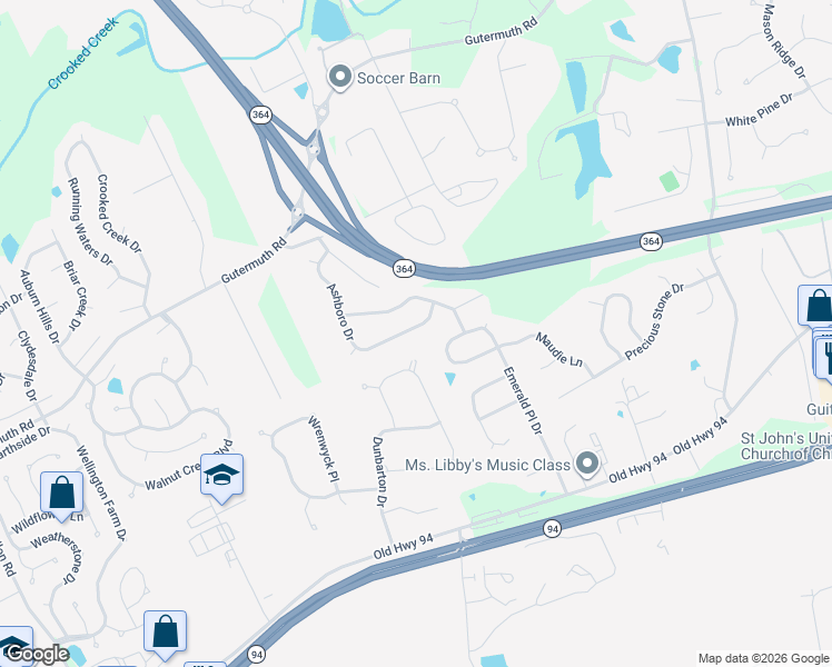 map of restaurants, bars, coffee shops, grocery stores, and more near 5554 Ashboro Drive in Cottleville