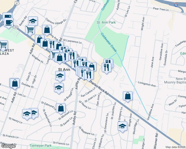 map of restaurants, bars, coffee shops, grocery stores, and more near 10449 Saint Charles Rock Road in St. Ann