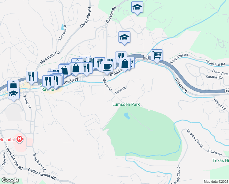 map of restaurants, bars, coffee shops, grocery stores, and more near 3100 Wiltse Road in Placerville